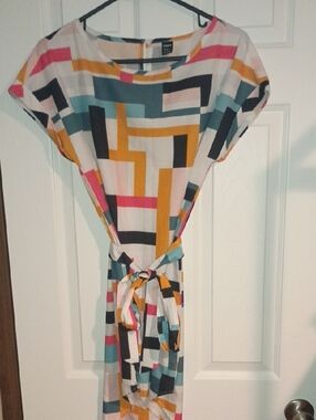 SHEIN Multicolor Geometric Belted Blouse Dress
